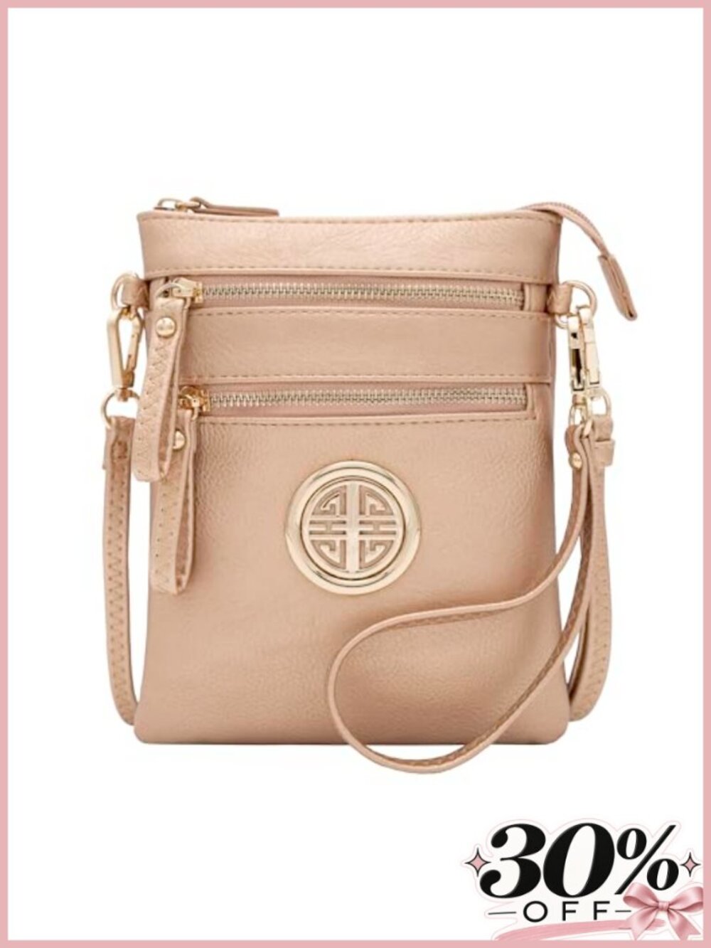 Faux Leather Crossbody Bag Detachable Wristlet Multi Zip Pockets